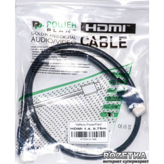 Кабель PowerPlant HDMI - HDMI 0.75 м, позолочені конектори, v1.4 (KD00AS1199) Кабель PowerPlant HDMI - HDMI 0.75 м, позолочені конектори, v1.4 (KD00AS1199)