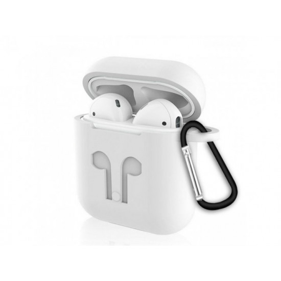 Белый силиконовый чехол QA для AirPods с карабином Белый силиконовый чехол QA для AirPods с карабином