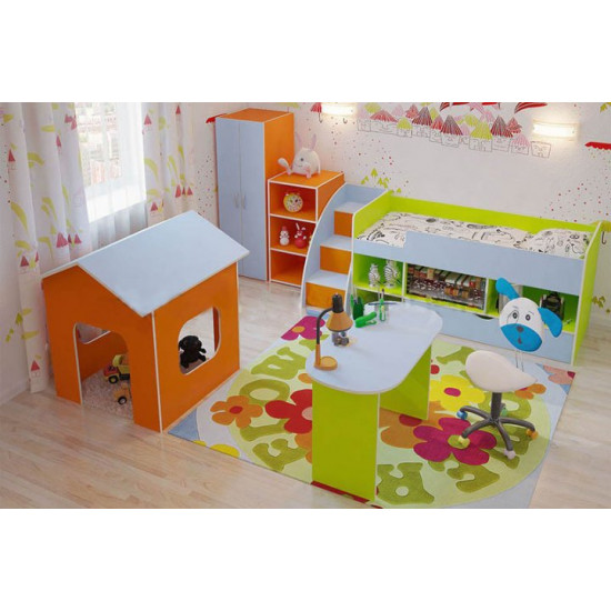 Дитяча Кімната KidsBunkBed I-03 з ігровою зоною апельсин лайм блакитний 1636х814х740 мм