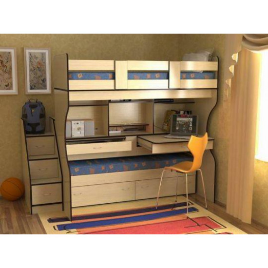 Двоярусне ліжко з 2 робочими зонами KidsBunkBed T-01 венге світлий 2336x1900x1232 мм Двоярусне ліжко з 2 робочими зонами KidsBunkBed T-01 венге світлий 2336x1900x1232 мм