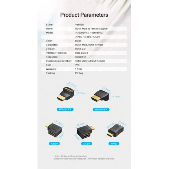 Перехідник Vention HDMI Male to Female Adapter 90° Degree Правий (AIBBO)