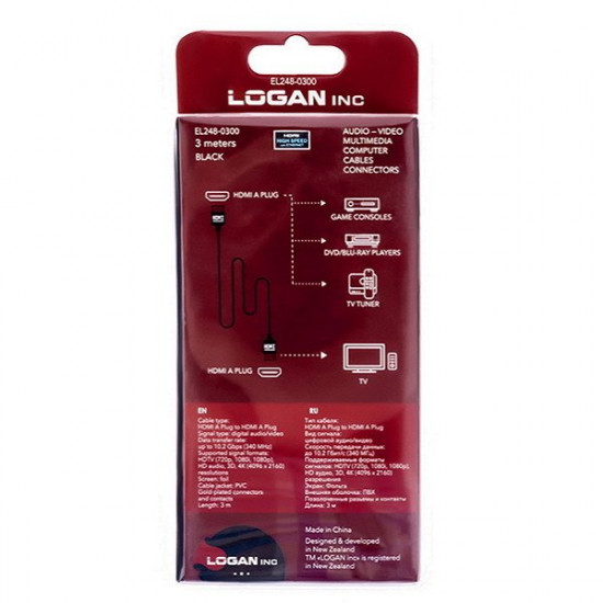 Кабель Logan HDMI - HDMI v1.4, 3.0m (EL248-0300) Кабель Logan HDMI - HDMI v1.4, 3.0m (EL248-0300)