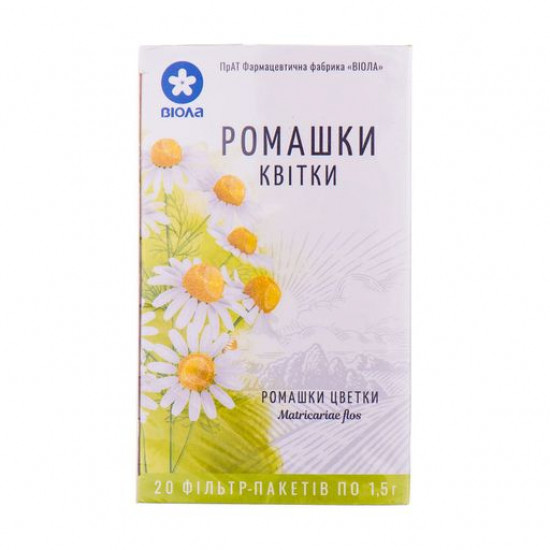 Пищевая добавка фиточай в пакетиках Віола Ромашки цветки, 20*1.5 г
Пищевая добавка фиточай в пакетиках Віола Ромашки цветки, 20*1.5 г